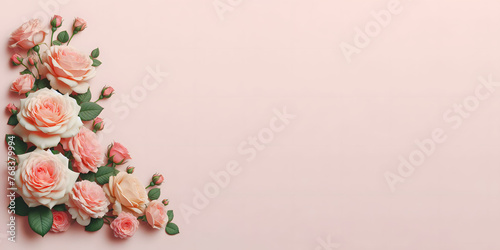 Greeting card floral design template of rose flowers on pink background with copy space.