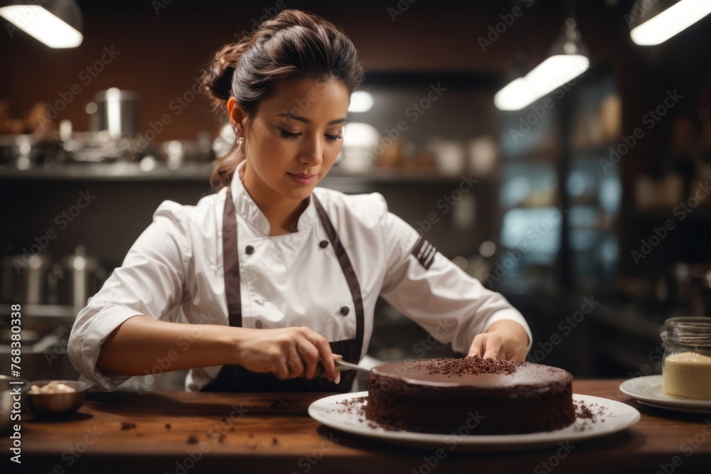 Fototapeta premium Young female pastry chef making delicious homemade chocolate cake in the kitchen