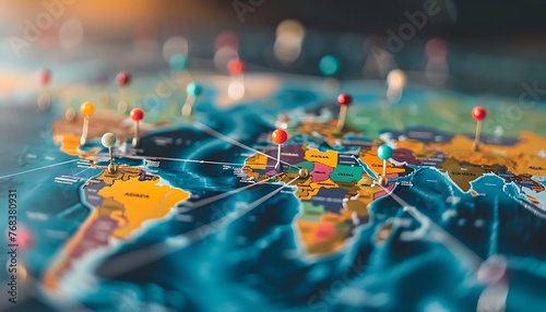 World map with pins and connecting lines illustrates global business expansion