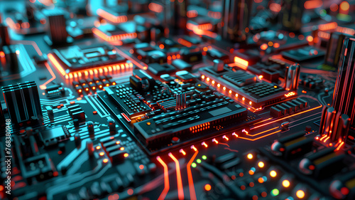 Circuit Board Technology with Glowing Red Lights
. A close-up view of a detailed circuit board with intricate pathways illuminated by glowing red lights, showcasing the complexity of modern electronic
