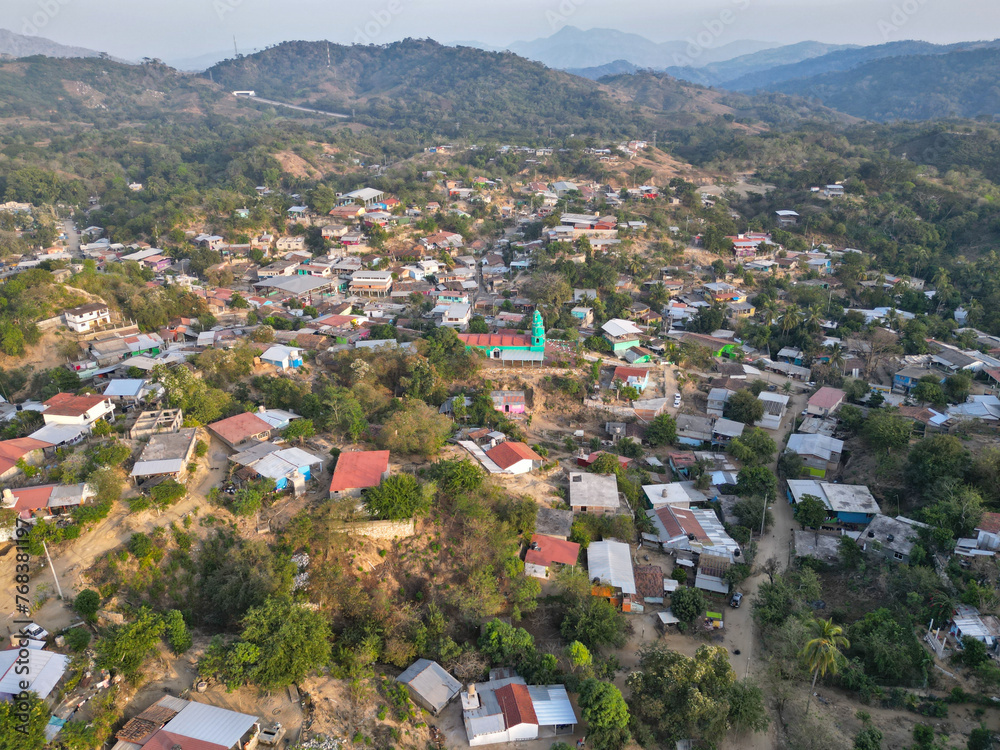 Naklejka premium Panoramic Drone Photo of Sabanillas Village, Guerrero, montain