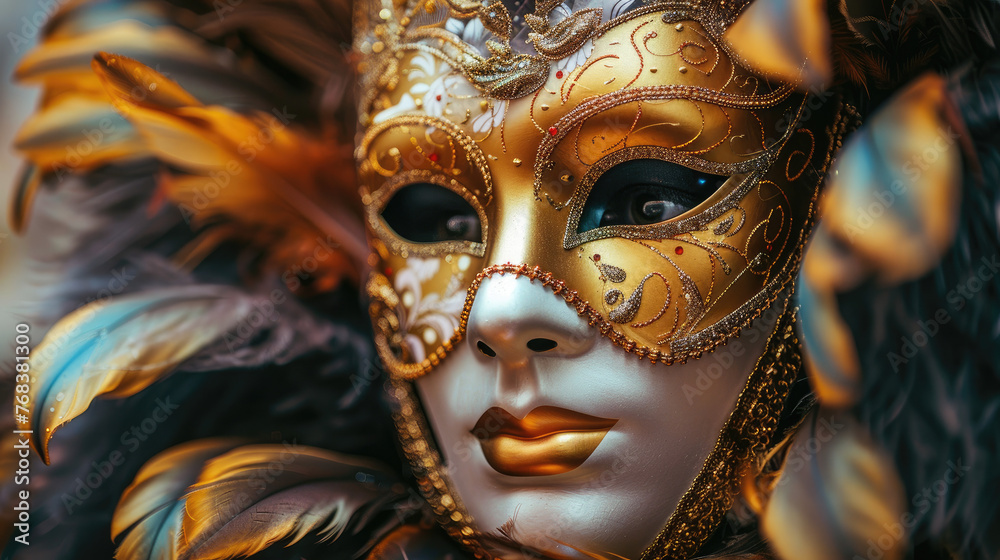 Carnival mask in Venice for a masquerade party background. Italian Costume Theatre. Gold feather mardi gras Holiday Celebration 