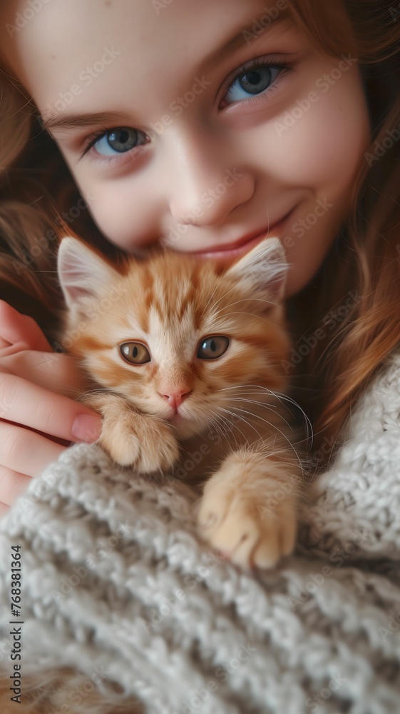 little girl with a kitten