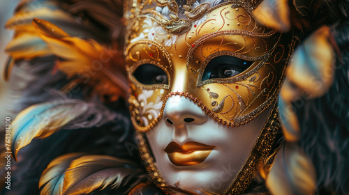 Carnival mask in Venice for a masquerade party background. Italian Costume Theatre. Gold feather mardi gras Holiday Celebration  © Prime Lens