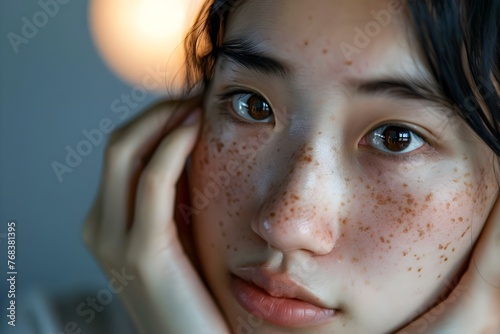 An Asian woman looks concerned as she touches her face with dark spots possibly melasma or freckles. Concept Skin Concern, Melasma, Freckles, Asian Woman, Concerned Expression photo