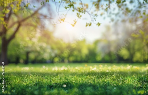 Beautiful blurred background of spring nature with green grass and trees on the lawn in park or garden under blue sky