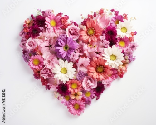 Heart shape made of colorful flowers on white background, top view.