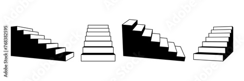 Set of stairways in different perspective. Linear simplified 3d staircase collection. Black and white stair steps collection. Graphic design element pack concept for success, growth, promotion. Vector