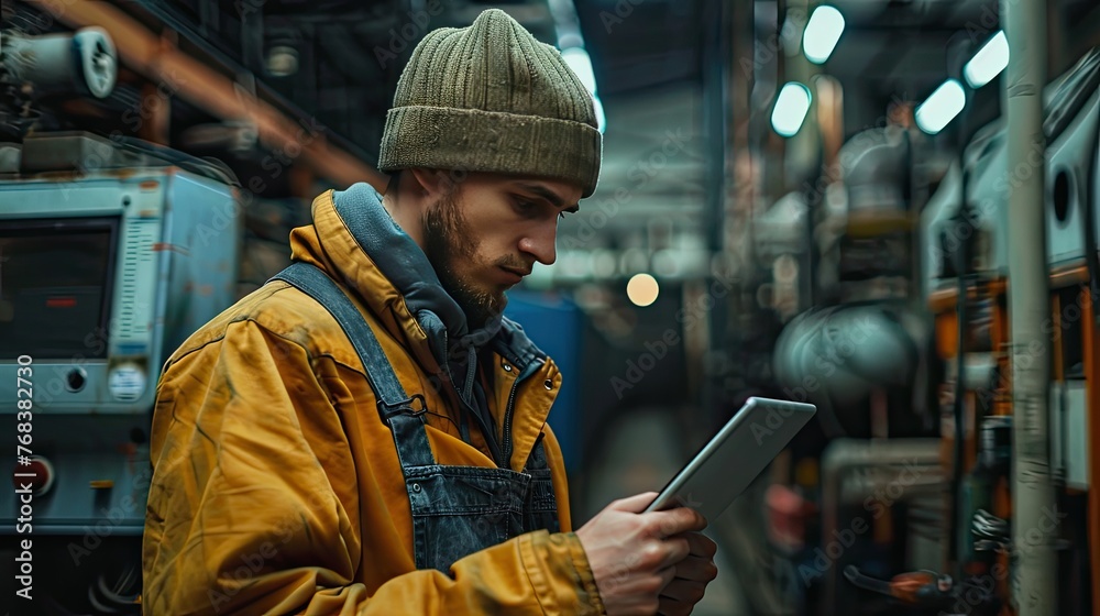 A factory worker uses a tablet to set up the equipment.