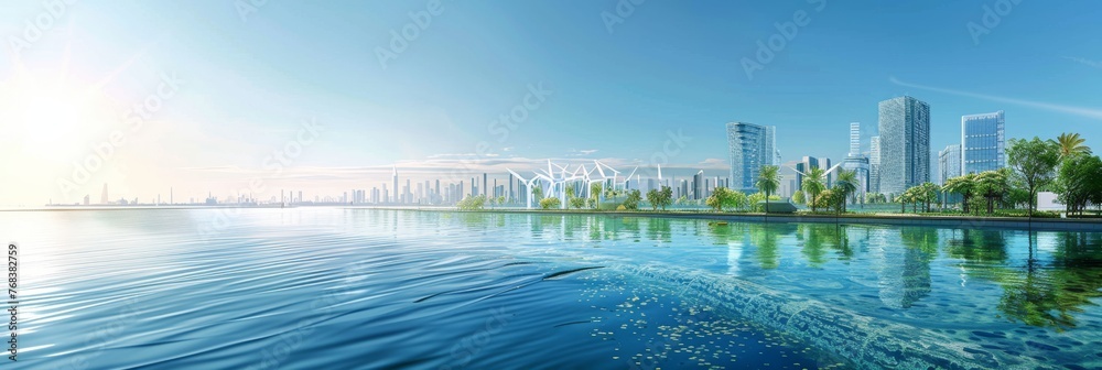 Modern coastal cityscape background created with Generative AI Technology - obrazy, fototapety, plakaty 