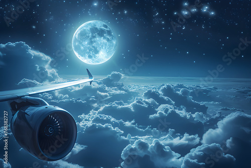Creative design for Eid celebration with a moon being propelled by an airplane engine in a dreamlike atmosphere. photo