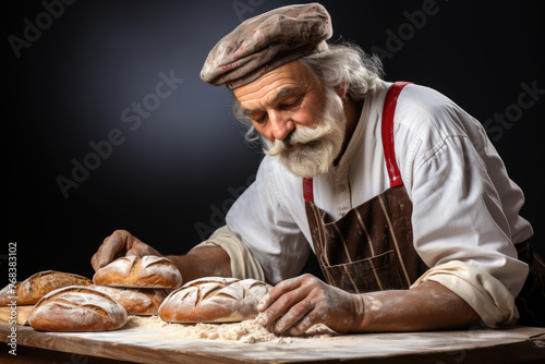 Smiling German chef wearing traditional chef costume makes bread dough on wooden table with kitchen background created with Generative AI Technology