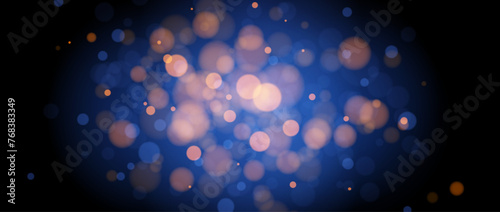 Blur gold bokeh on blue background. Golden blurred effect wallpaper. Abstract shiny glitter, sparks and sparkles. Glowing navy backdrop for Christmas, New Year or birthday card, poster, banner. Vector