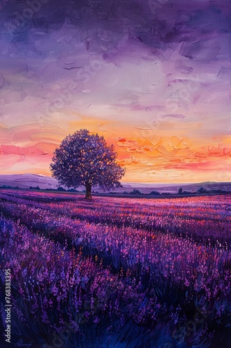 lavender fields Depict the soothing expanse of lavender fields at sunset