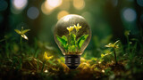 Blooming and Flowering plant growing inside a bright light bulb symbolizes eco-friendly green technology environment and innovation for sustainable business created with Generative AI Technology