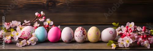 Vivid Collection of Artfully Dyed Easter Eggs Amidst Spring Blossoms