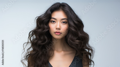 Beautiful Asian woman model with big wavy hair hairstyle and pure natural makeup isolated white background created with Generative AI Technology