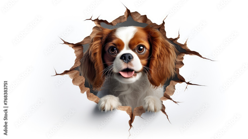 Brown Cavalier King Charles Spaniel dog stands out from cracked wall isolated on white background created with Generative AI Technology