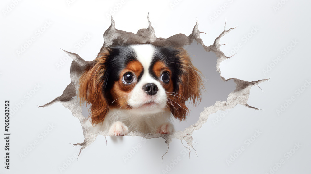 Brown Cavalier King Charles Spaniel dog stands out from cracked wall isolated on white background created with Generative AI Technology