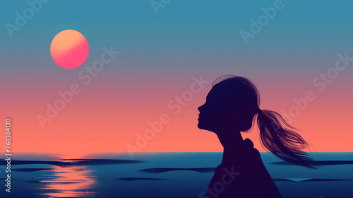 Mulher olhando o por do sol com cores azul - Ilustração