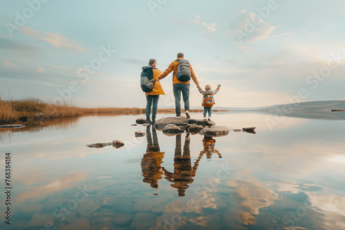 Family Adventure with Parents Holding Child's Hands Walking on a Reflective Water Surface