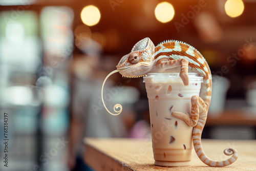 Coffee colored chameleon perched on an iced drink in a coffee shop