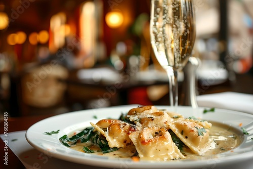 Chicken with Ravioli with Ricotta and Spinach served appetizingly on a white plate 