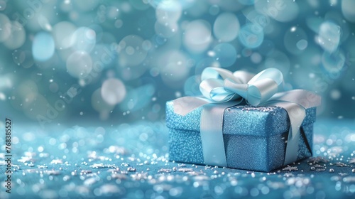 a blue gift box left waiting on a table, the white ribbon perfectly tied, the entire scene bathed in soft blue hues, isolated against a blue background to evoke the myste photo
