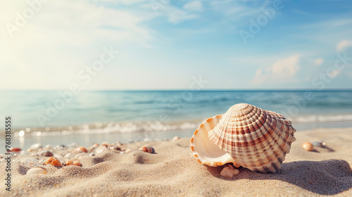 Single big seashell conch on sand beach on sunny day with beach waves background created with Generative AI Technology