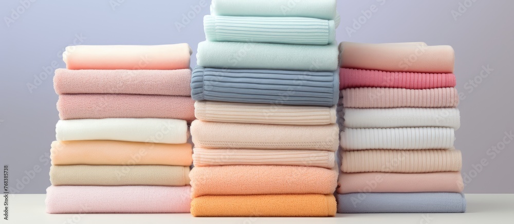 Neatly stacked folded towels in various colors placed on a wooden table in a bright room Neatly stacked folded towels in various colors placed on a wooden table in a bright room