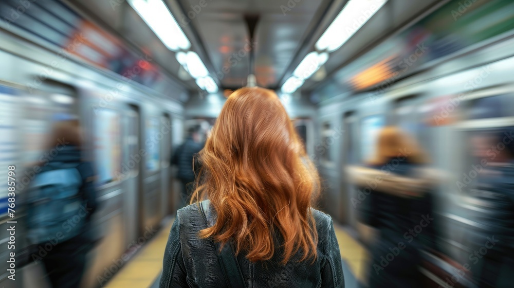 Woman from behind standing at busy subway with blurry people around Woman from behind standing at busy subway with blurry people around