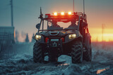 Rugged All-Terrain Vehicle Braving the Snowy Wilderness at Dusk