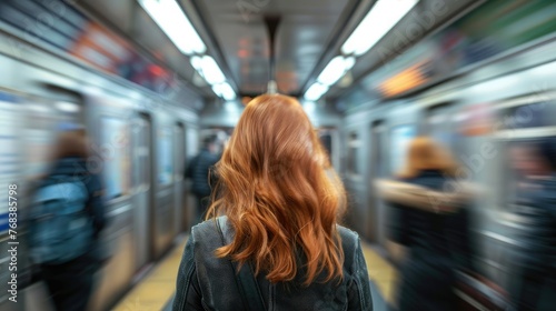 Woman from behind standing at busy subway with blurry people around