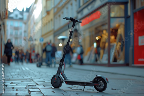 Electric Scooter Parked on a Cobblestone Street in an Urban Environment