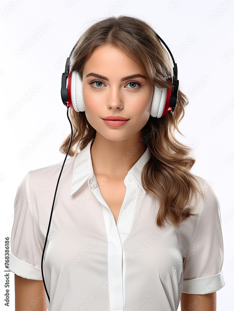 Beautiful smiling blonde woman with headset working as customer call center support agent isolated on white background Beautiful smiling blonde woman with headset working as customer call center support agent isolated on white background