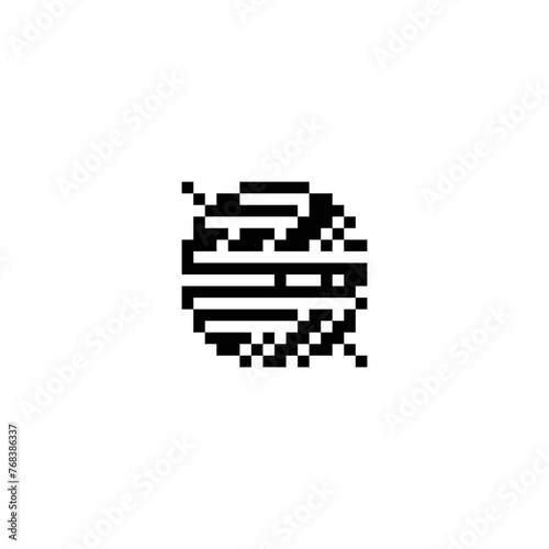 Knitting thread ball with knitting needles. Pixel art abstract icon. Logo shop and sewing symbol. 1-bit. Isolated vector illustration.