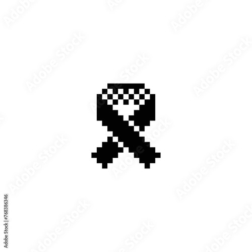 Reminder ribbon pixel art icon. emoji. Sticker design. Black mourning symbol of support, 8-bit sprites. Isolated vector illustration. Old school computer graphic style. 