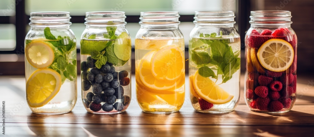 A collection of mason jars showcasing an array of fruits and herbs, perfect for delicious food storage or creating refreshing drinks - obrazy, fototapety, plakaty 