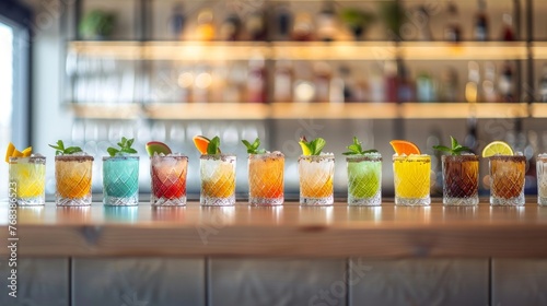 A vibrant selection of various garnished cocktails neatly arranged on a bar countertop, showcasing an array of colors.