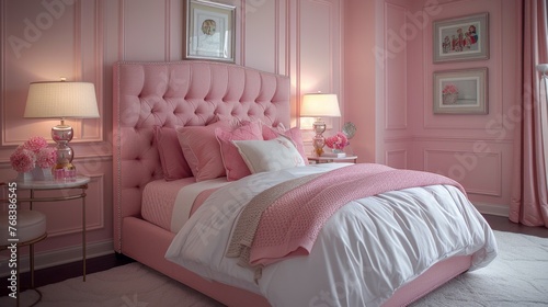 Luxurious bedroom with tufted headboard and pink bedding in a modern home. doll style interior