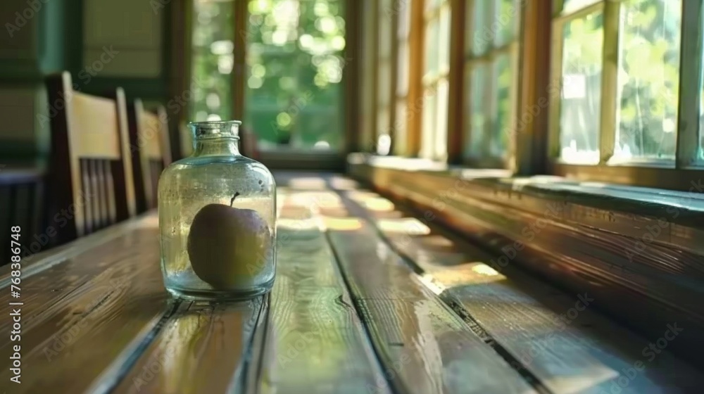 A simple yet evocative composition featuring a glass jar with a single apple inside, on a sunlit wooden table.