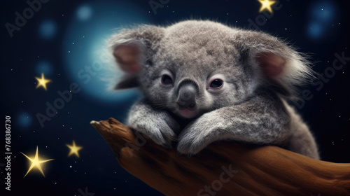 Cute Little baby Koala animal sleeps soundly in the full moon, starry sky and clear night sky created with Generative AI Technology photo