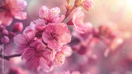 Vibrant pink cherry blossoms in full bloom with soft, dreamy background bokeh effect.