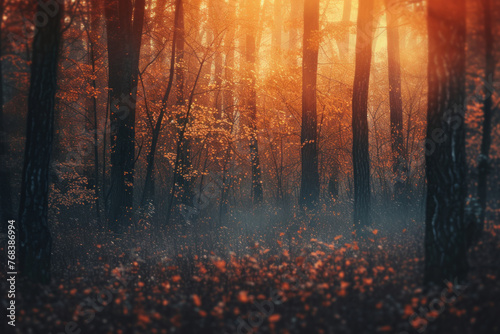 Enchanting Forest Scene with Golden Sunlight and Mist