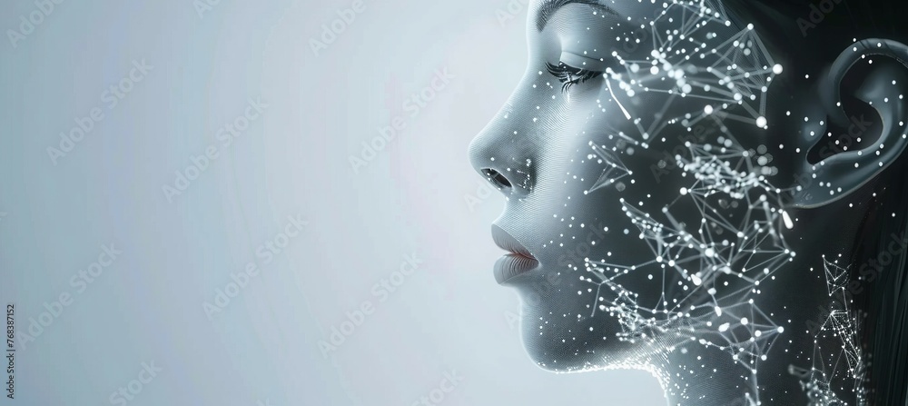 Artificial intelligence machine learning digital smart in woman face form. Generative AI technology.	
