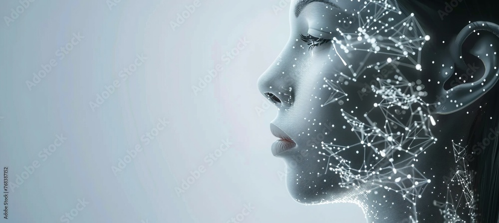 Artificial intelligence machine learning digital smart in woman face form. Generative AI technology.
Artificial intelligence machine learning digital smart in woman face form. Generative AI technology.