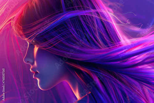 Vibrant Neon Portrait of a Woman with Flowing Hair, Digital Art Concept