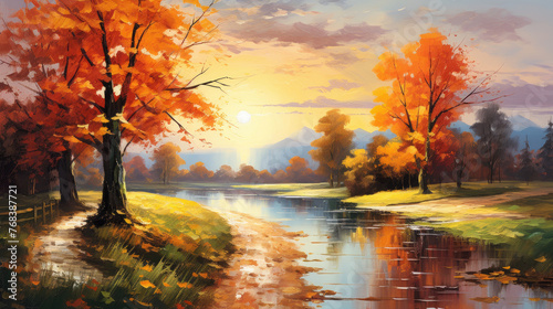autumn river in the countryside in bright orange style in the summer morning sunset romantic pastoral charm with orange autumn trees around created with Generative AI Technology