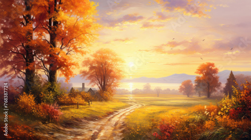 autumn road in the countryside in bright orange style in the summer morning sunset romantic pastoral charm with orange autumn trees around created with Generative AI Technology
