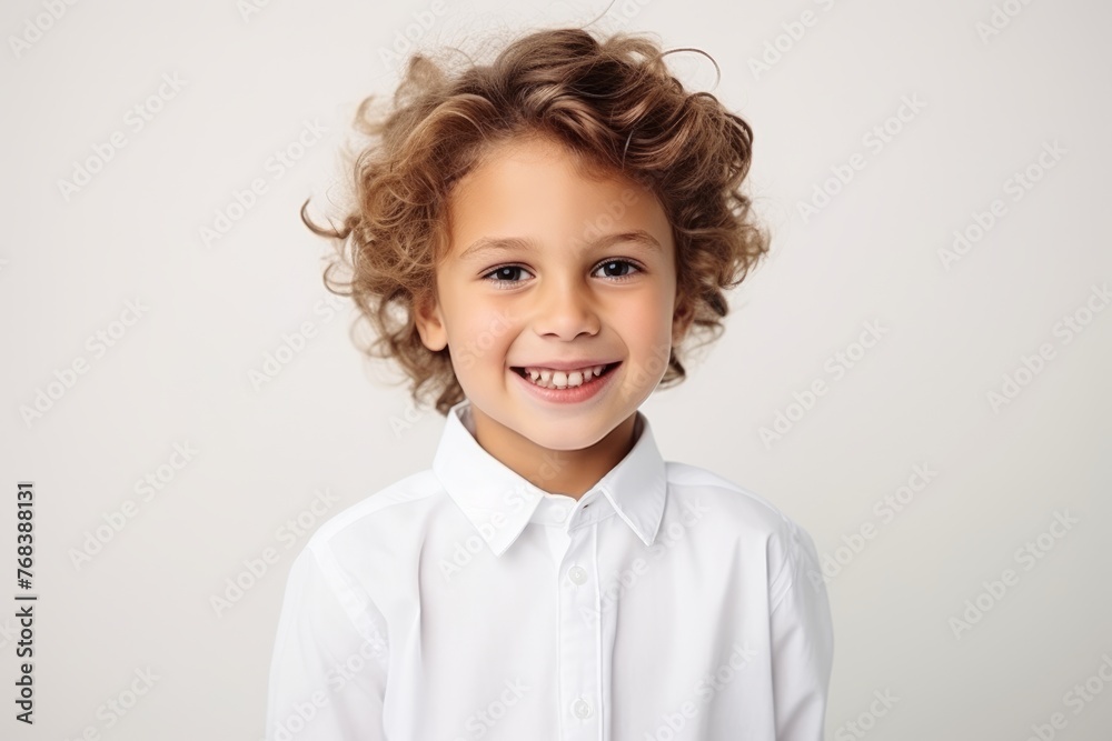 Portrait of a cute little boy with curly hair over gray background